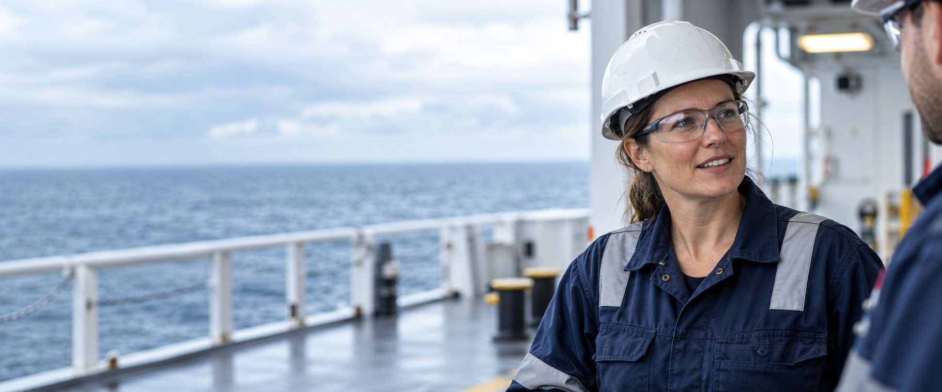 Illustrative generated scene of a woman on an offshore vessel deck